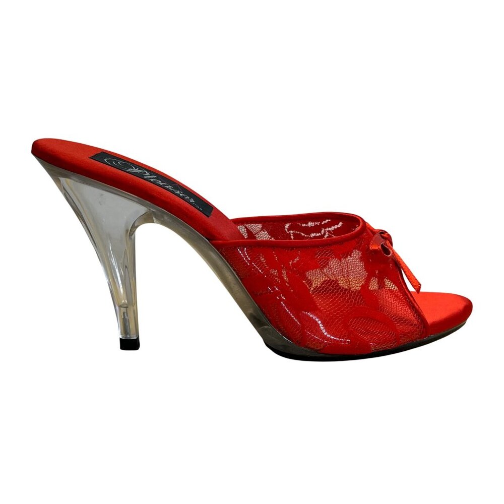 Pleaser Scarlet red Lace Mules with Transparent Heel